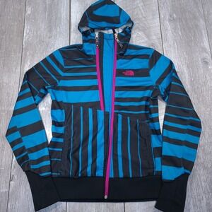 The North Face Hoodie Jacket Womens Medium Blue Striped Full Zip Thumbholes